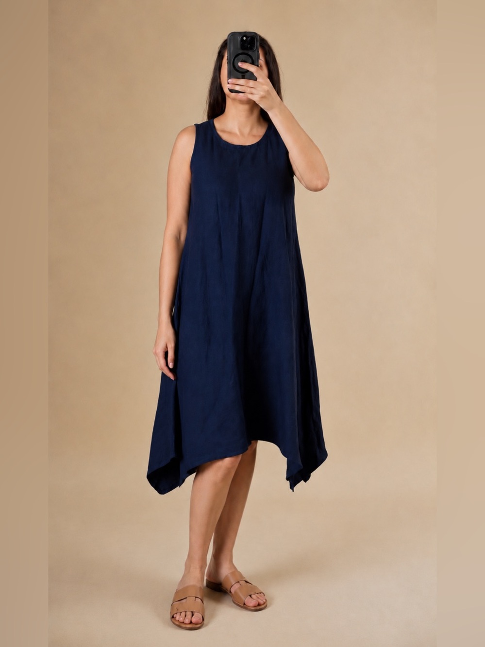 NWT Linen Blend Navy Blue Asimetric Hem  Dress Size S